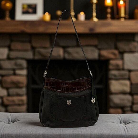 BRIGHTON VINTAGE BLACK AND BROWN LEATHER SHOULDER HANDBAG. - Picture 2 of 5